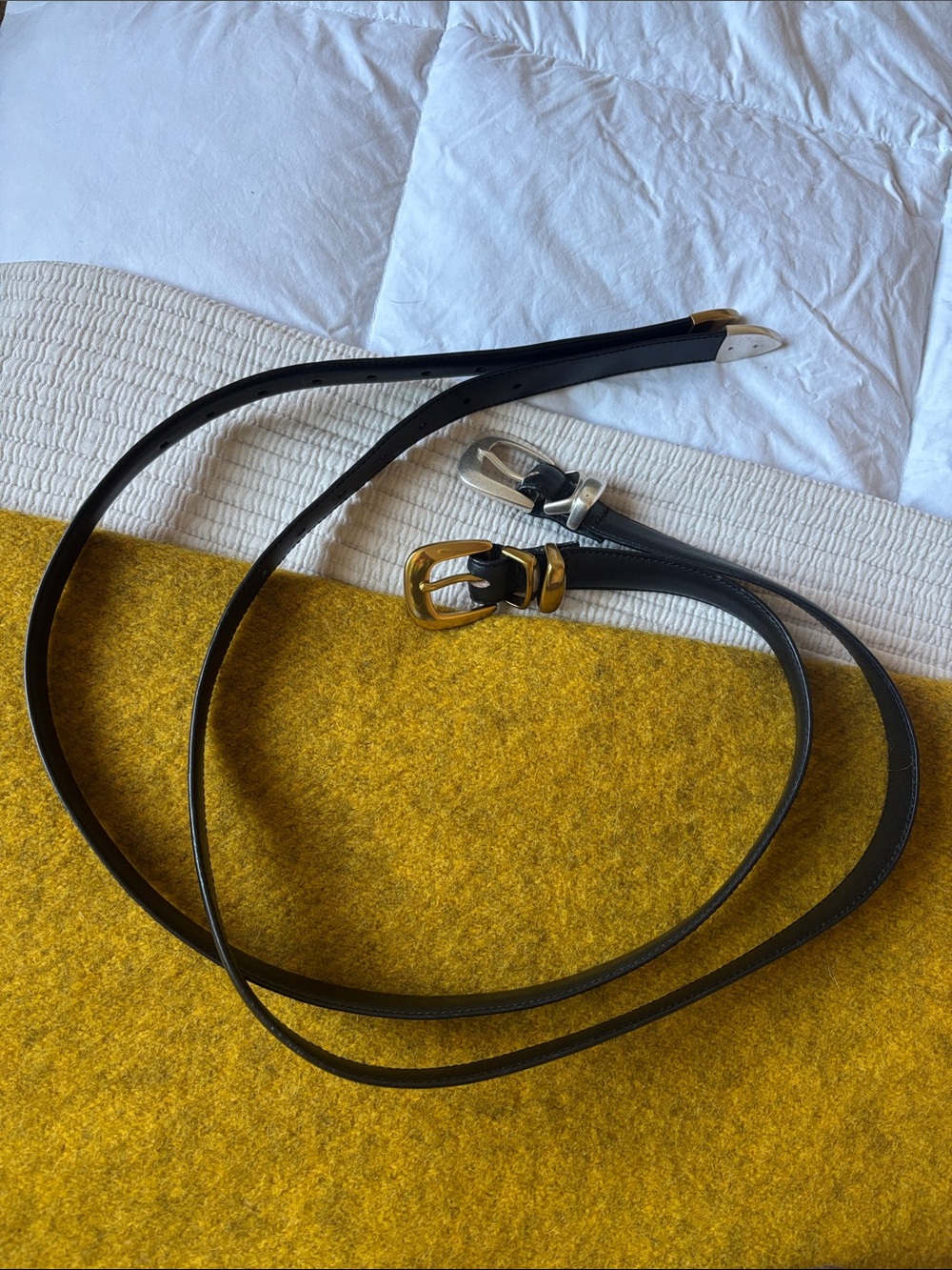 Two Madewell Black Leather Double Skinny Belts with Gold & Silver Buckles